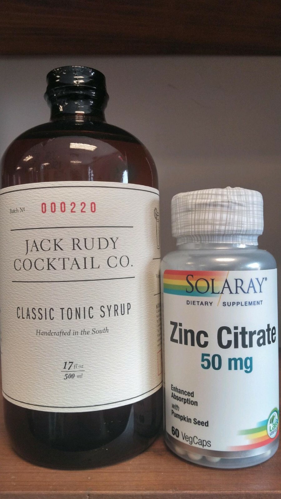 Quinine Tonic Syrup 17 oz with Zinc 50mg Solaray 60 capsules Combo 1 bottle each