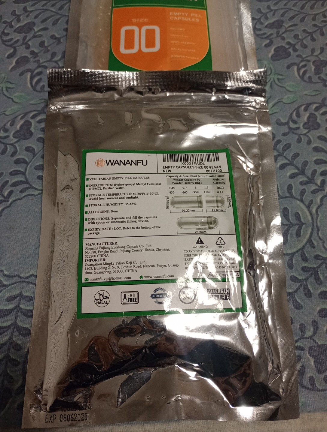wananfu Size 00 Empty Capsules Vegetarian 100 Count 2 Pack Bundle Exp.08/06/2025
