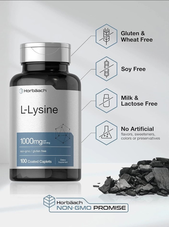 L-Lysine 1000mg ,100 Caplets, Free Form Dietary Supplement, Non-GMO, by Horbaach