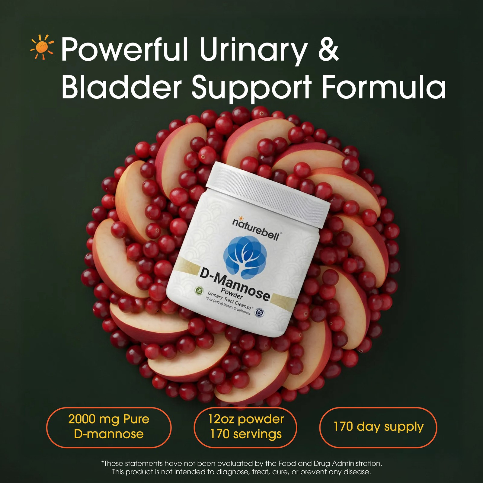 NatureBell D-Mannose Powder 12oz 2g Scoop Urinary Support – 170 Servings