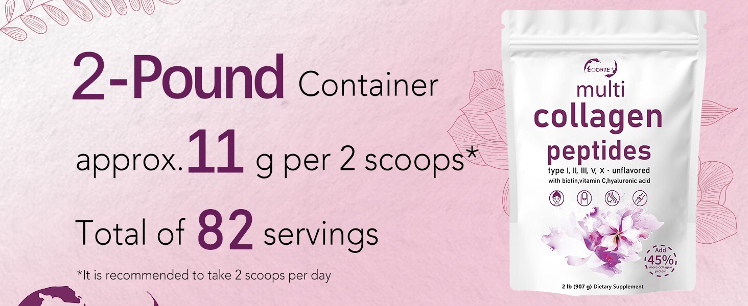 2LB Multi Collagen Peptides Powder–Hydrolyzed Protein with Type I, II, III, V, X