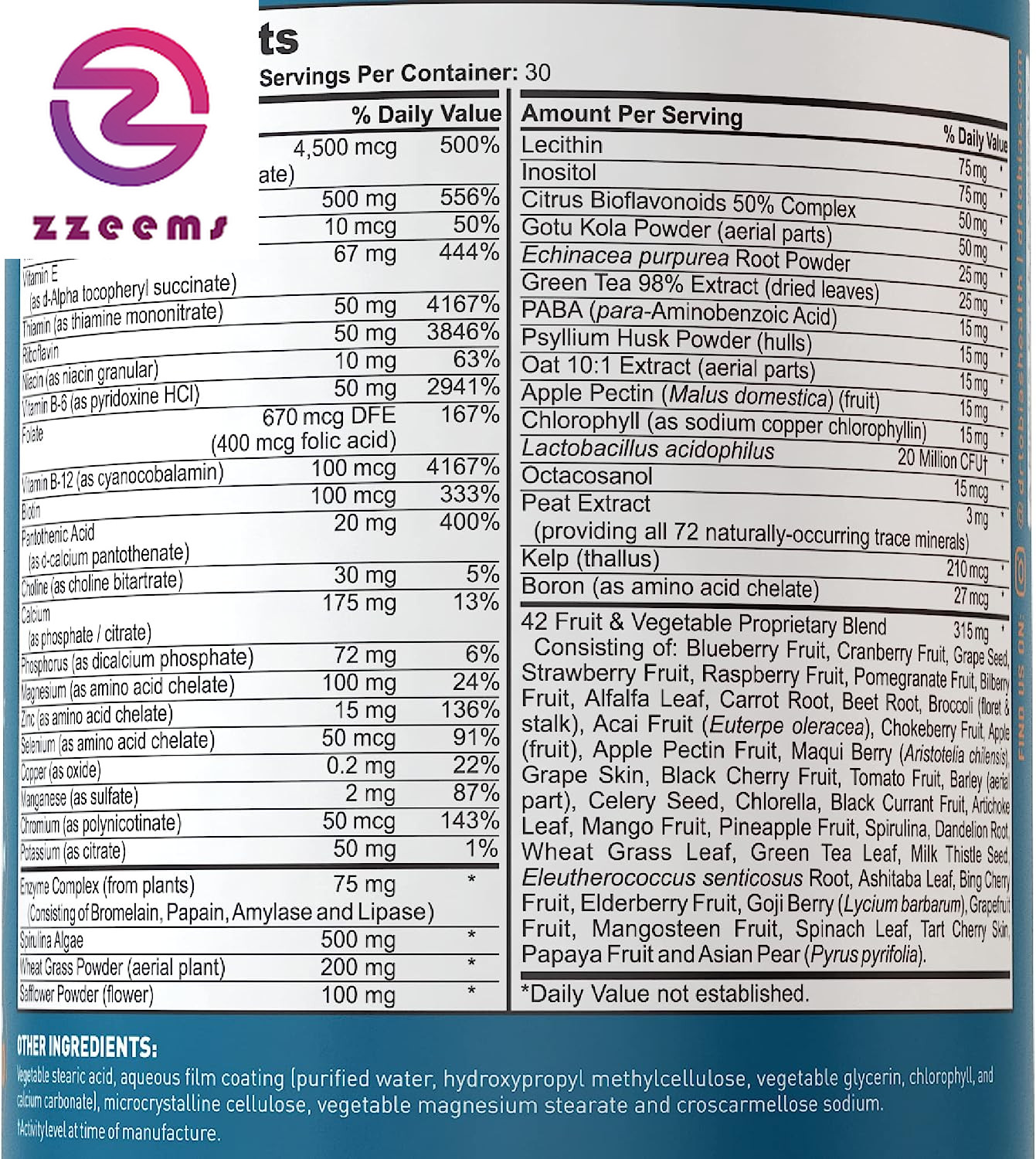 Adult Multivitamin for Women & Men, Energy & Immune Support from 42 Fruits & Veg