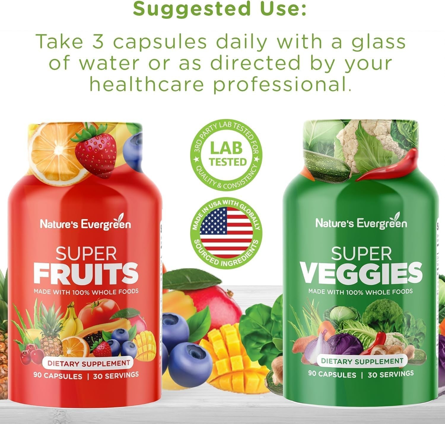 Super Food Fruits and Veggies Suppliment- 90 Fruit and 90 Vegetable Capsules