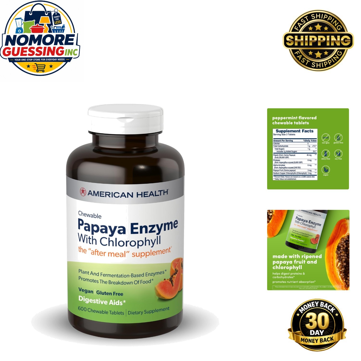 Digestive Support with Papaya Enzyme & Chlorophyll – 600 Count Chewable Tablets
