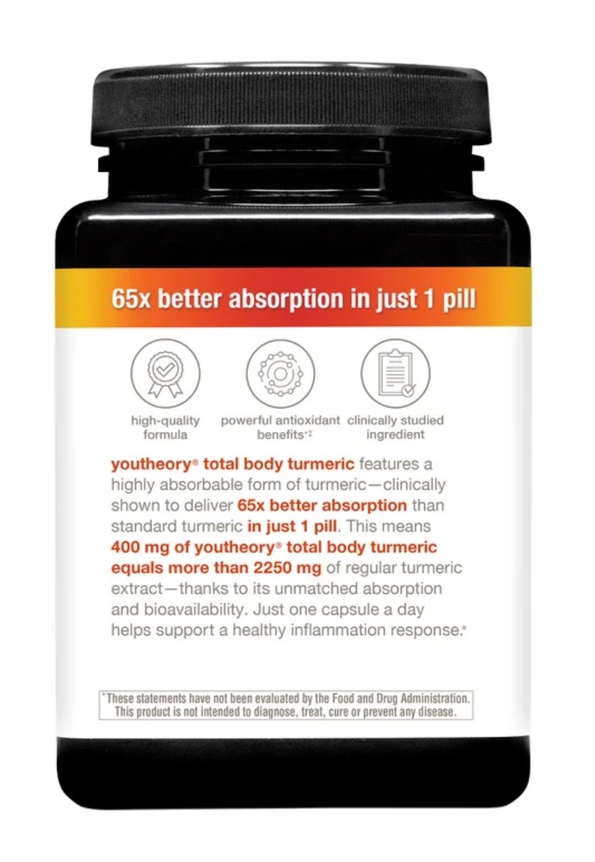 Youtheory Total Body Turmeric Longvida 400mg, 90 Veggie Capsules, EXP 04/2028
