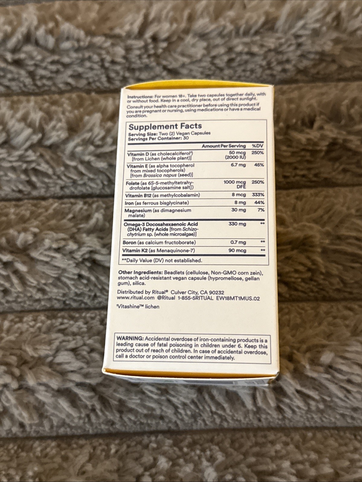 Ritual Multivitamin for Women 18+ with Omega-3 DHA 60 Vegan Caps 07/26 FRESH!