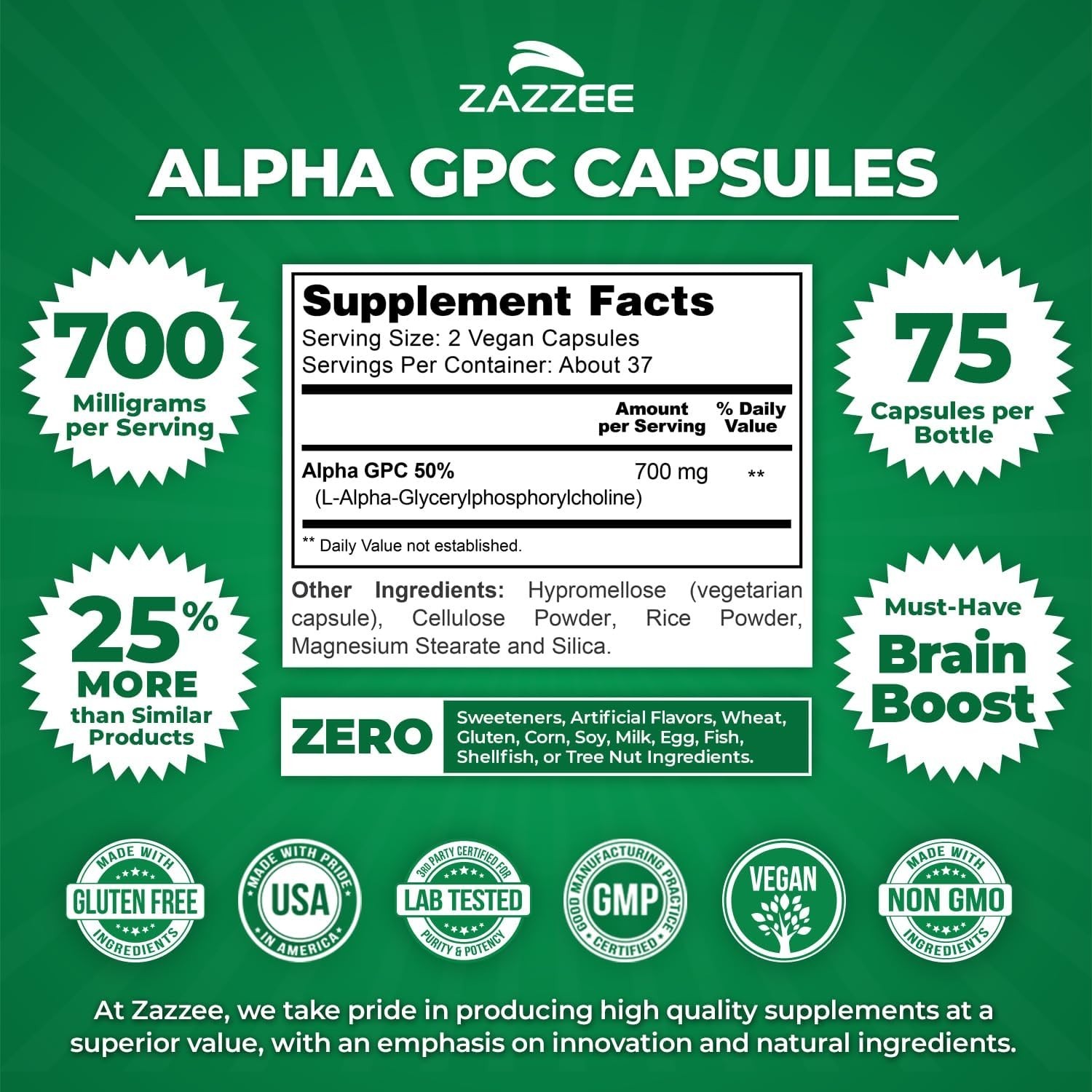 Pure Pharmaceutical Grade Alpha GPC 700 mg – Non-GMO, Capsules, 75 Count
