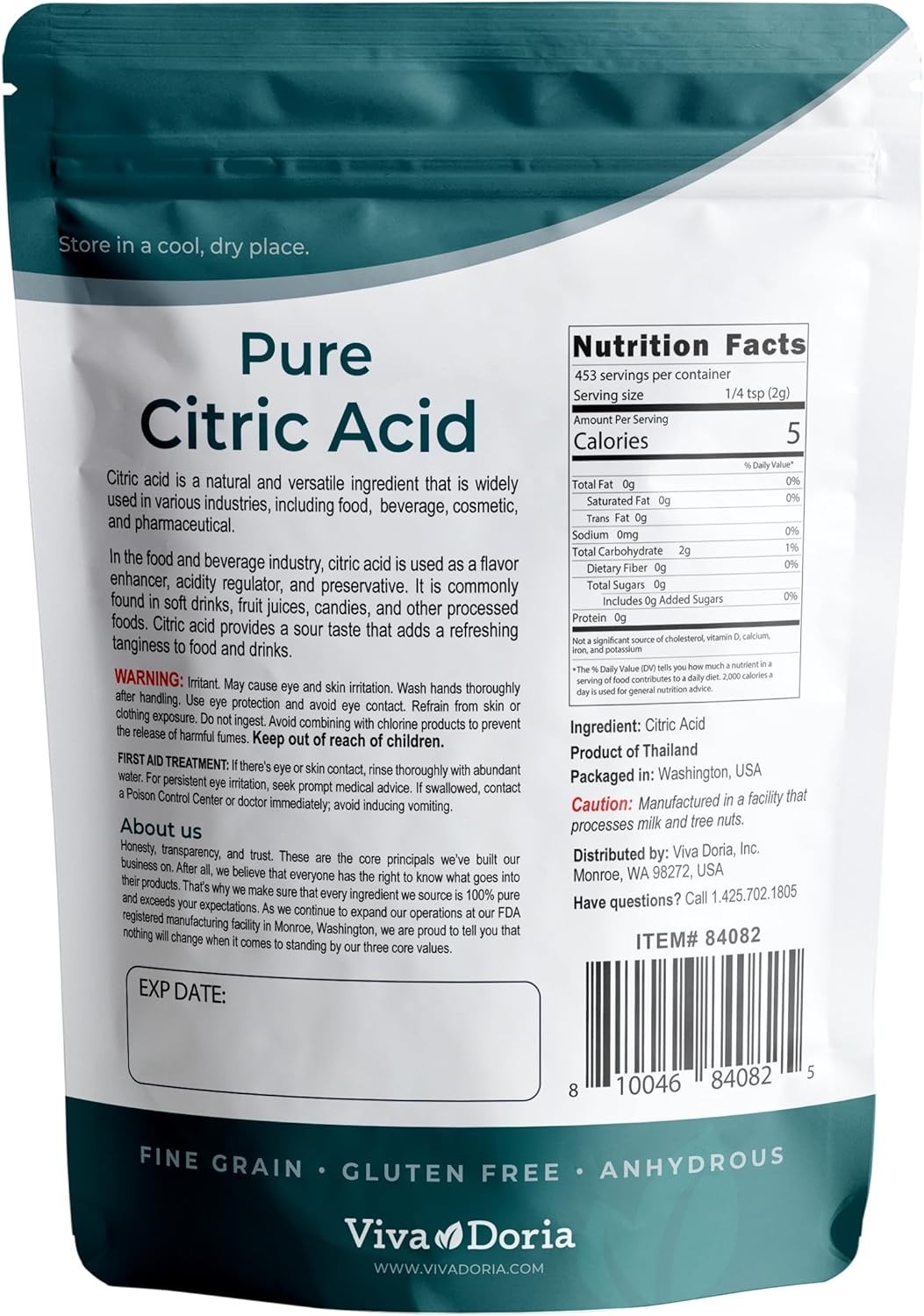 100% Pure Citric Acid, Food Grade, Fine Grain, 2 Lb (907 G)