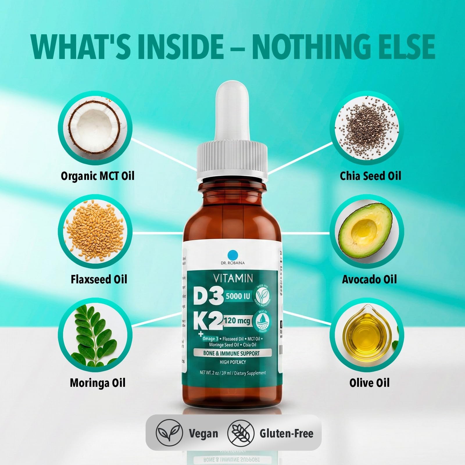 Vegan Vitamin D3 + K2 Drops – 5000 IU D3 & 120 mcg MK-7, Liquid MCT Oil Suppleme