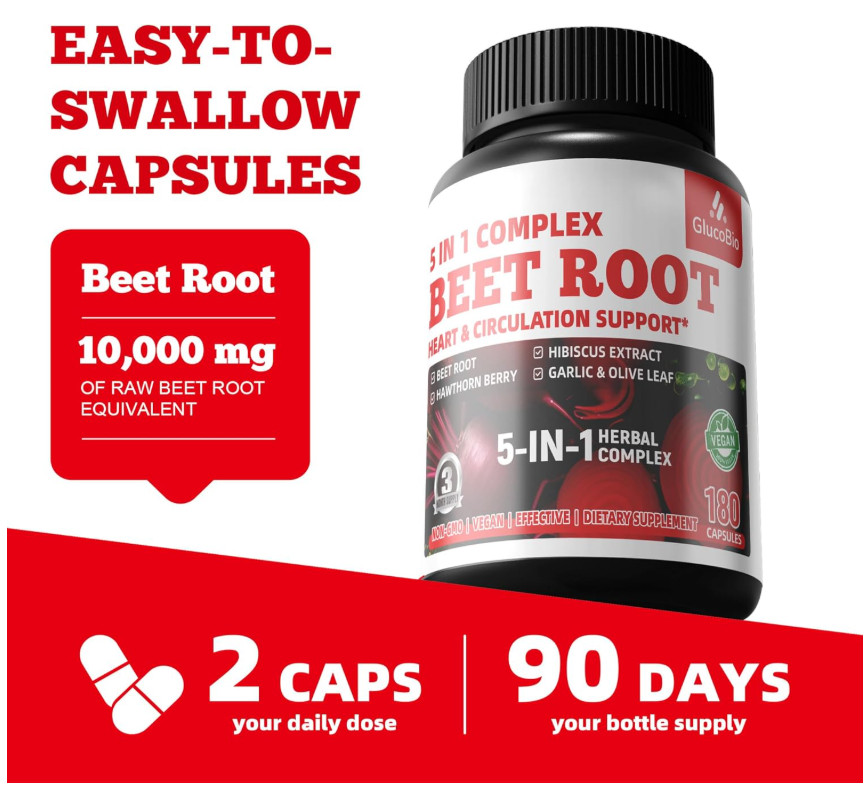 GlucoBio Beet Root Capsules Nitric Oxide Blood Pressure Support Heart 180 Count