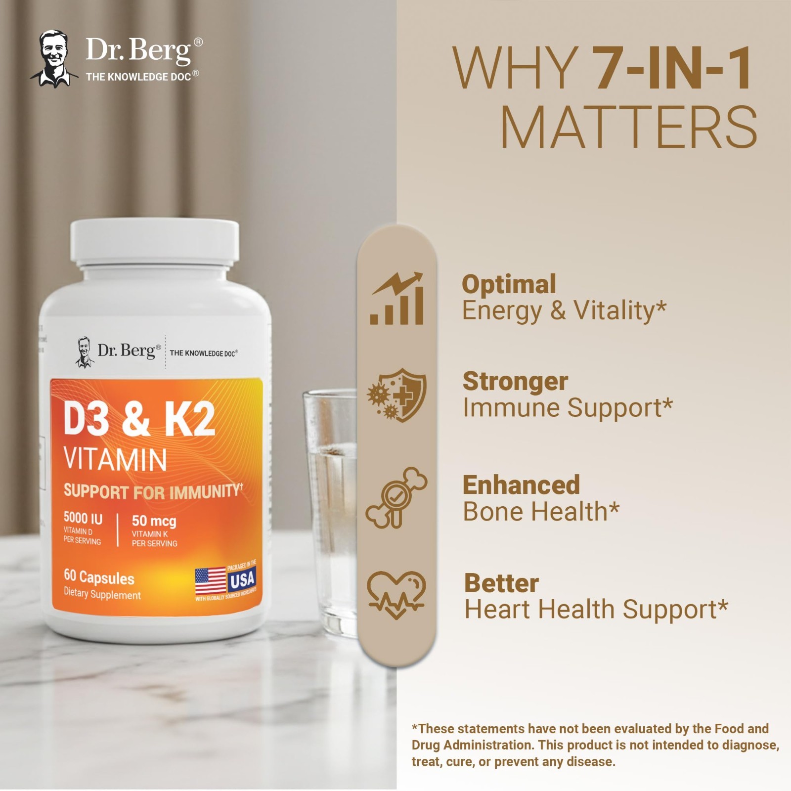 7-in-1 Vitamin D3 K2 5000 IU | High Absorption, Lab-Tested Supplement | 60 Capsu
