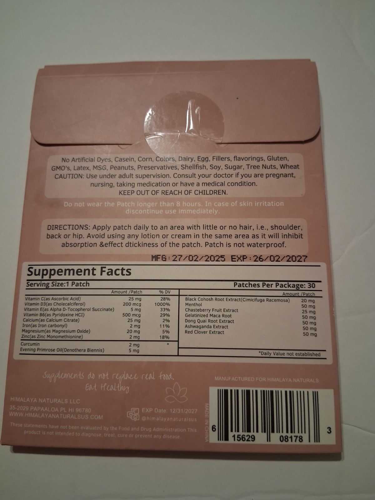 Natural Menopause Patches Hormone Balance 30 Patches Himalaya Naturals