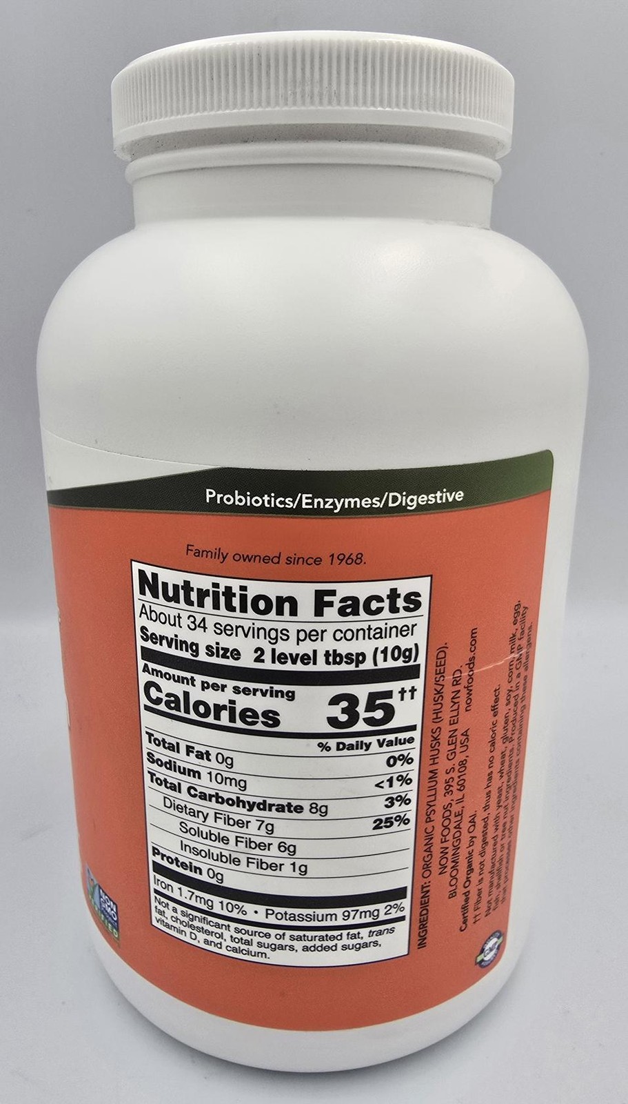 NOW Whole Psyllium Husks USDA Certified Organic Soluble Fiber Non-GMO 12 oz 6/27