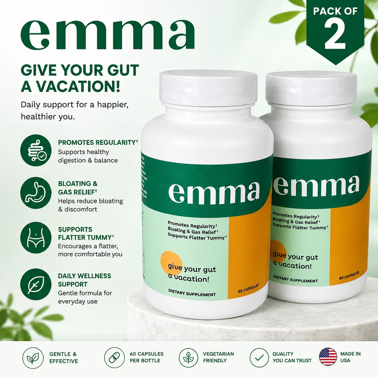 2x Emma Relief Supplement Konsciens Keto for Gut Bloating 60 Capsules