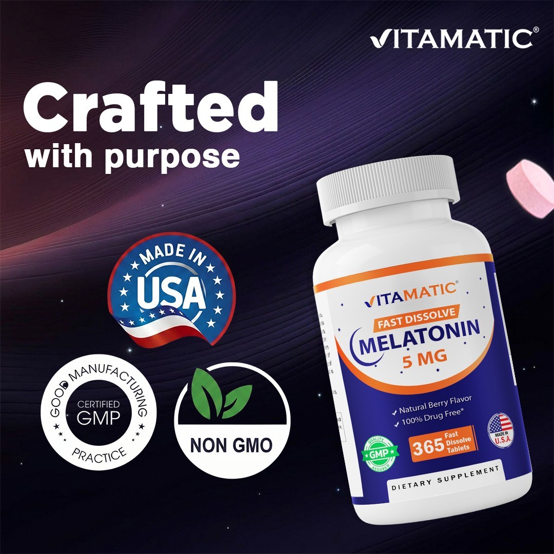 Vitamatic Melatonin 5mg Tablets | Natural Berry Flavor – 365 Tablets