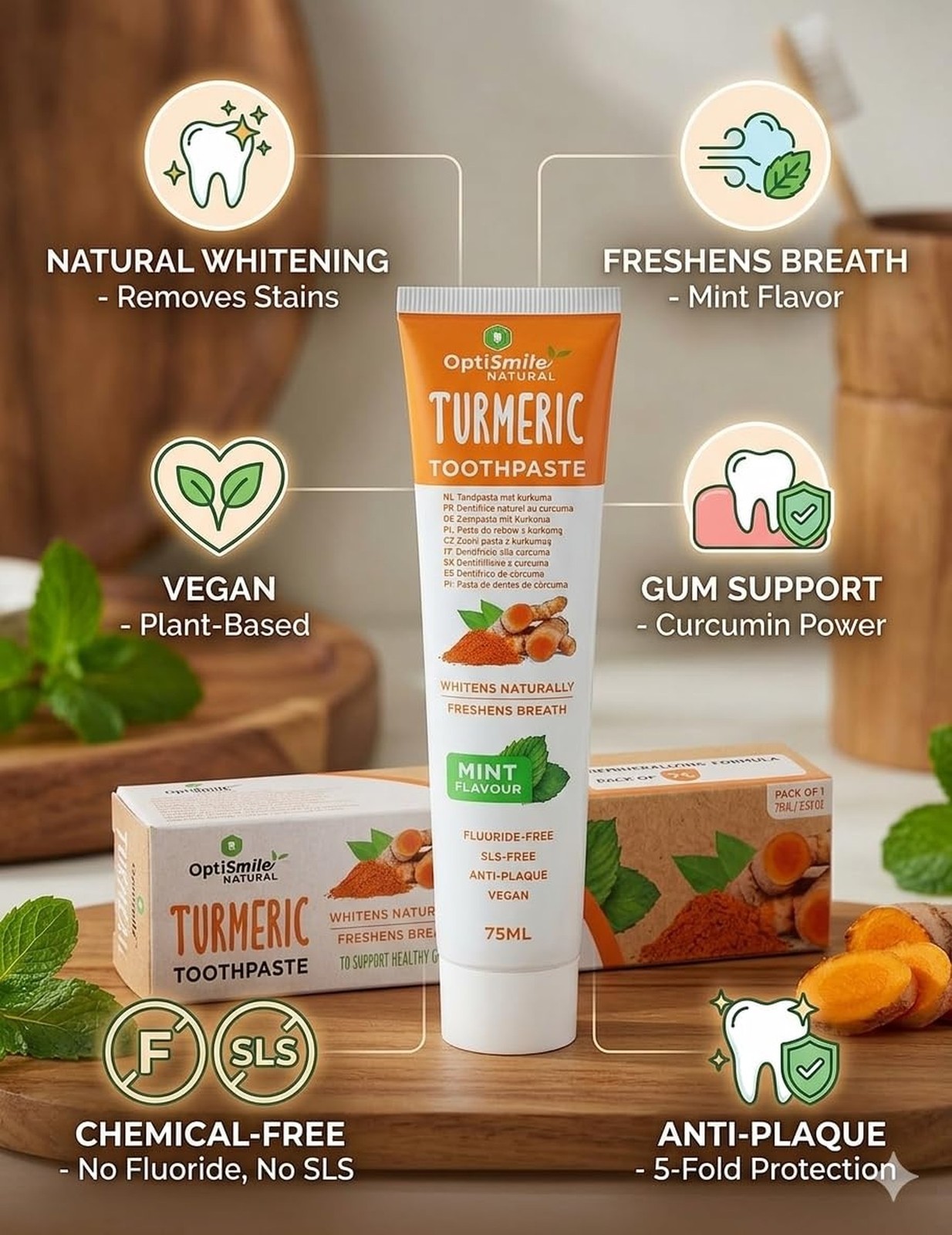 Turmeric Natural White Vegan Fluoride-Free SLS-Free Mint Flavor Anti-Plaque T…