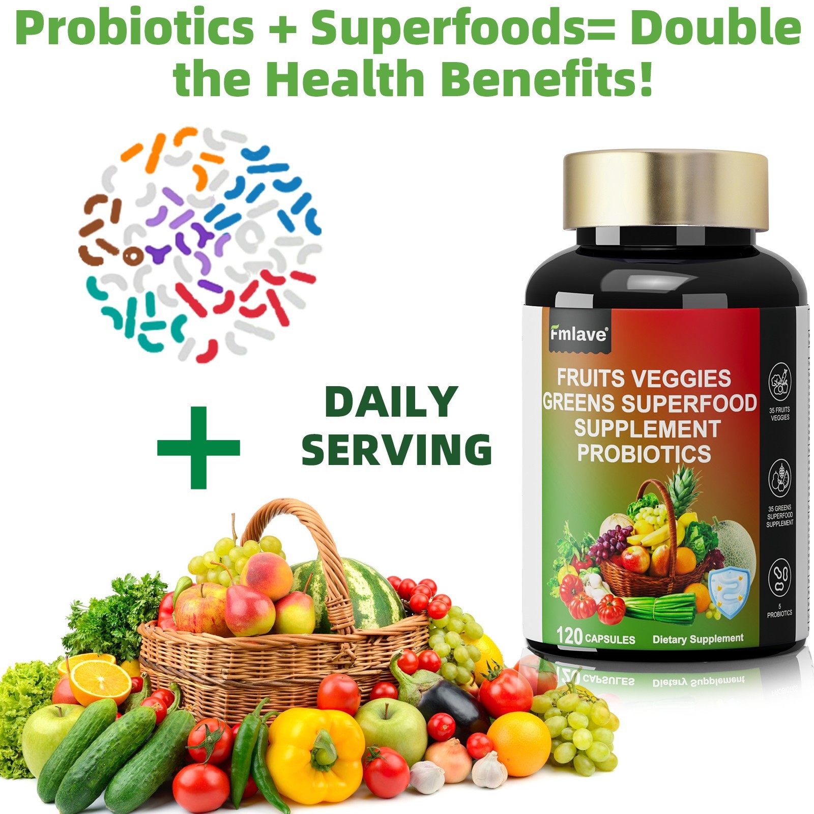 4pc 70 Fruits and Veggies Whole Food Supplement, Superfood & 5 Probiotic Strains