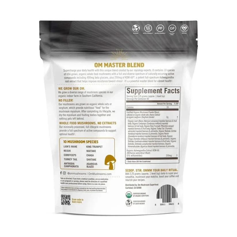 Om Mushroom Superfood Master Blend – Certified Organic Mushroom Powder – 80 Ser