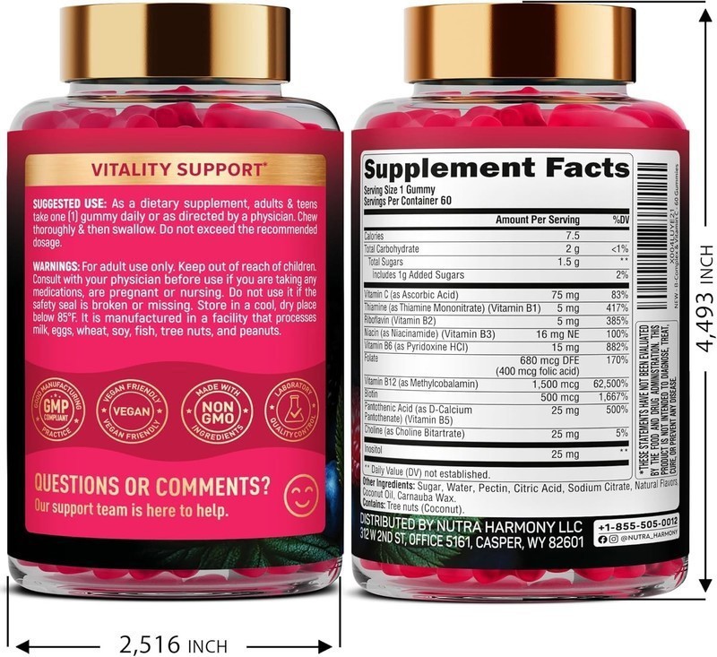 Men Women Enhance Vitality Vitamin B-Complex Gummies with 8 Essential Vitamins