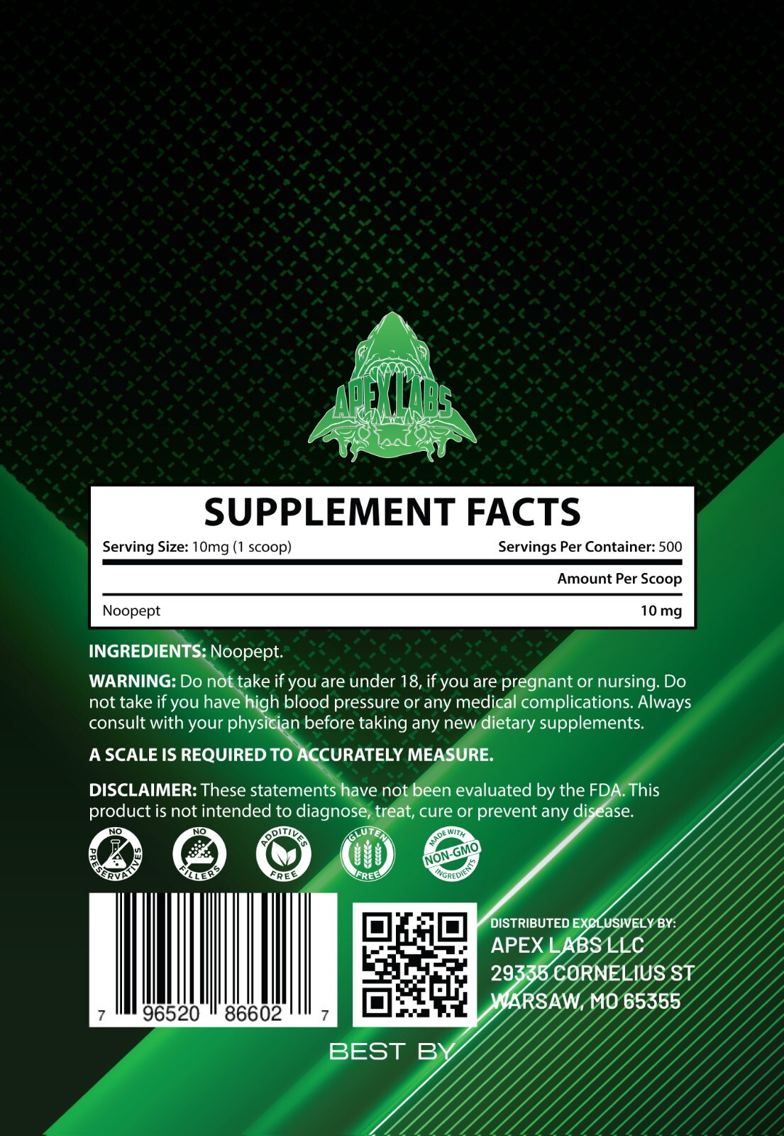 Apex Labs NOOPEPT/Cognitive/Energy/Focus Pure 98% Powder Free SHIP EXP 06/2028
