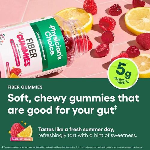 Physician’s Choice Fiber Gummies ideal for Digestive Health & Regularity – Raspb