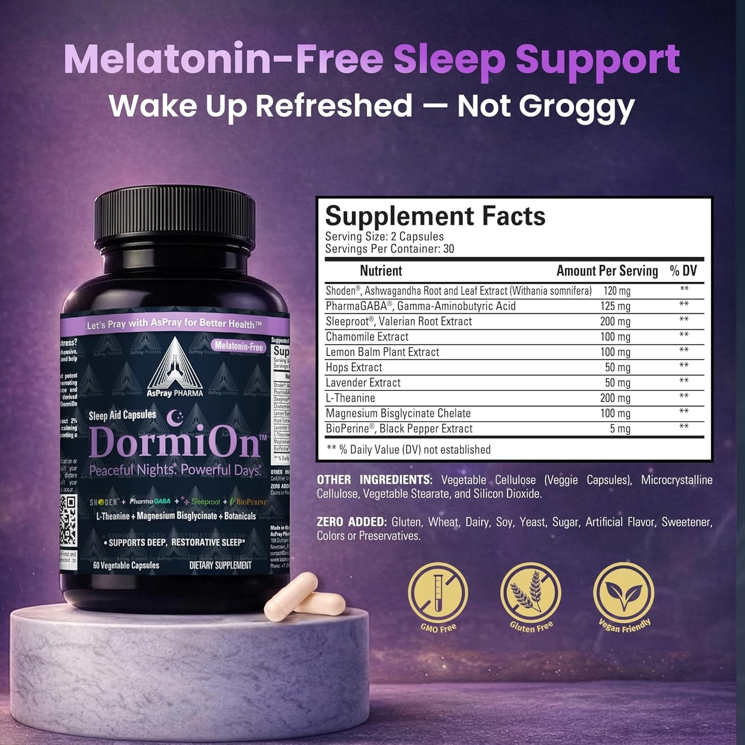 DormiOn™ Sleep + Restore + Stress Supplement – Melatonin-Free Non-Habit – 60ct.