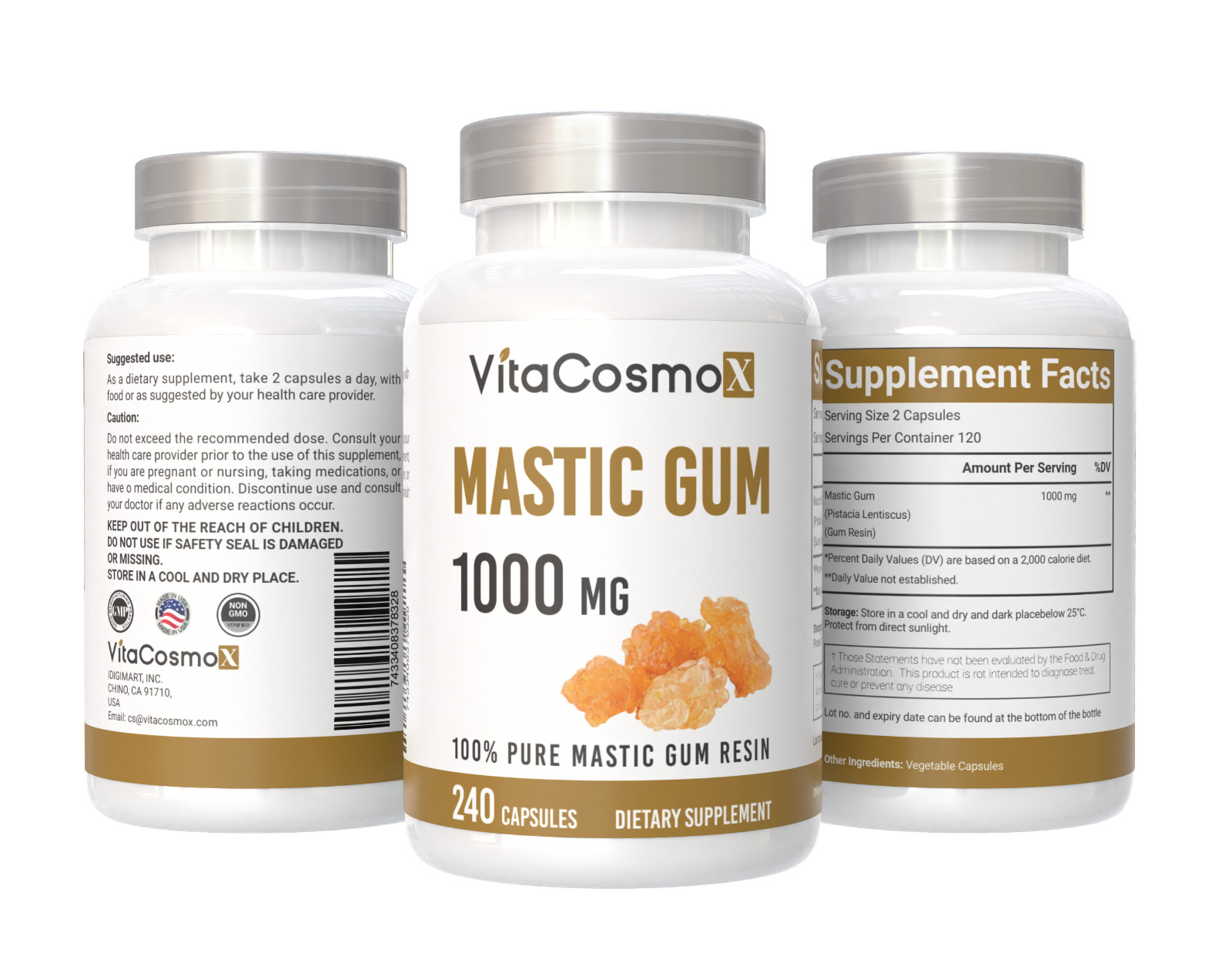 2 Pack VitaCosmoX Mastic Gum 1000mg per Serving Support Digestive Func 240 caps