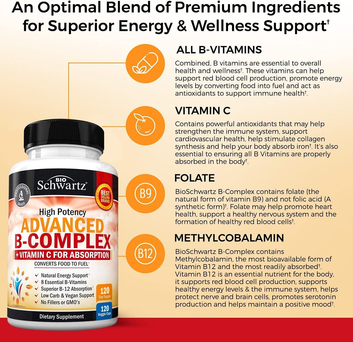 Vitamin B Complex with C for Maximum Absorption 120 Count (Pack of 1)