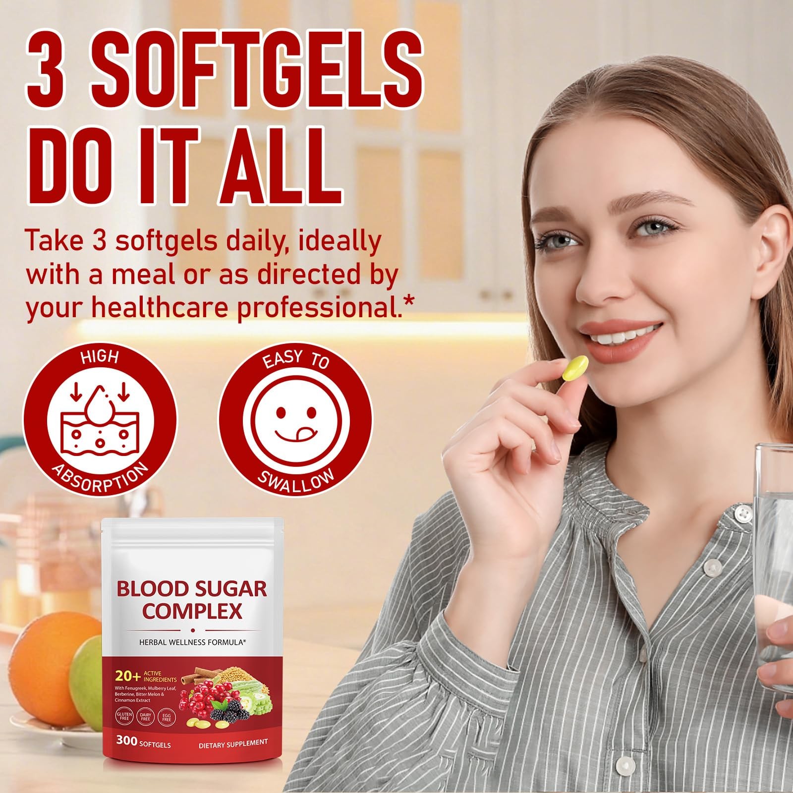 300 Softgels Blood Sugar Complex Supplement | 20+ 300 Count (Pack of 1)