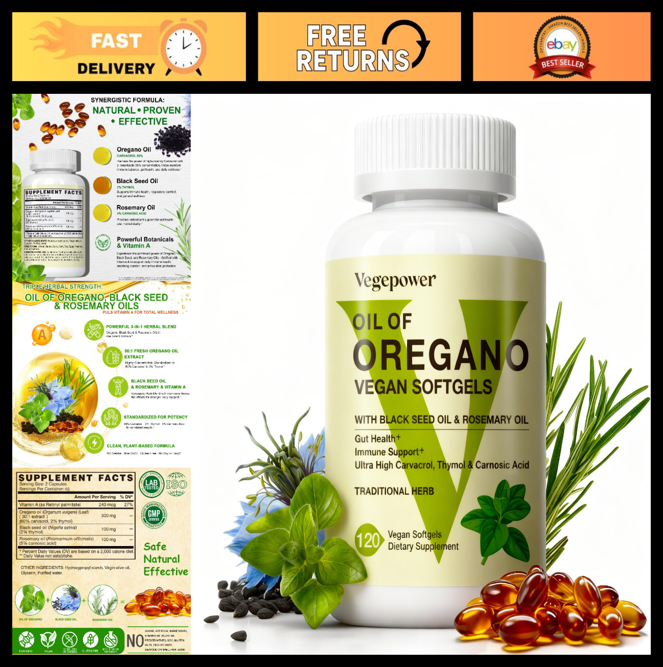 Vegan Oregano Oil Softgels with Black Seed Oil, 120 Ct – Immune Support & Digest