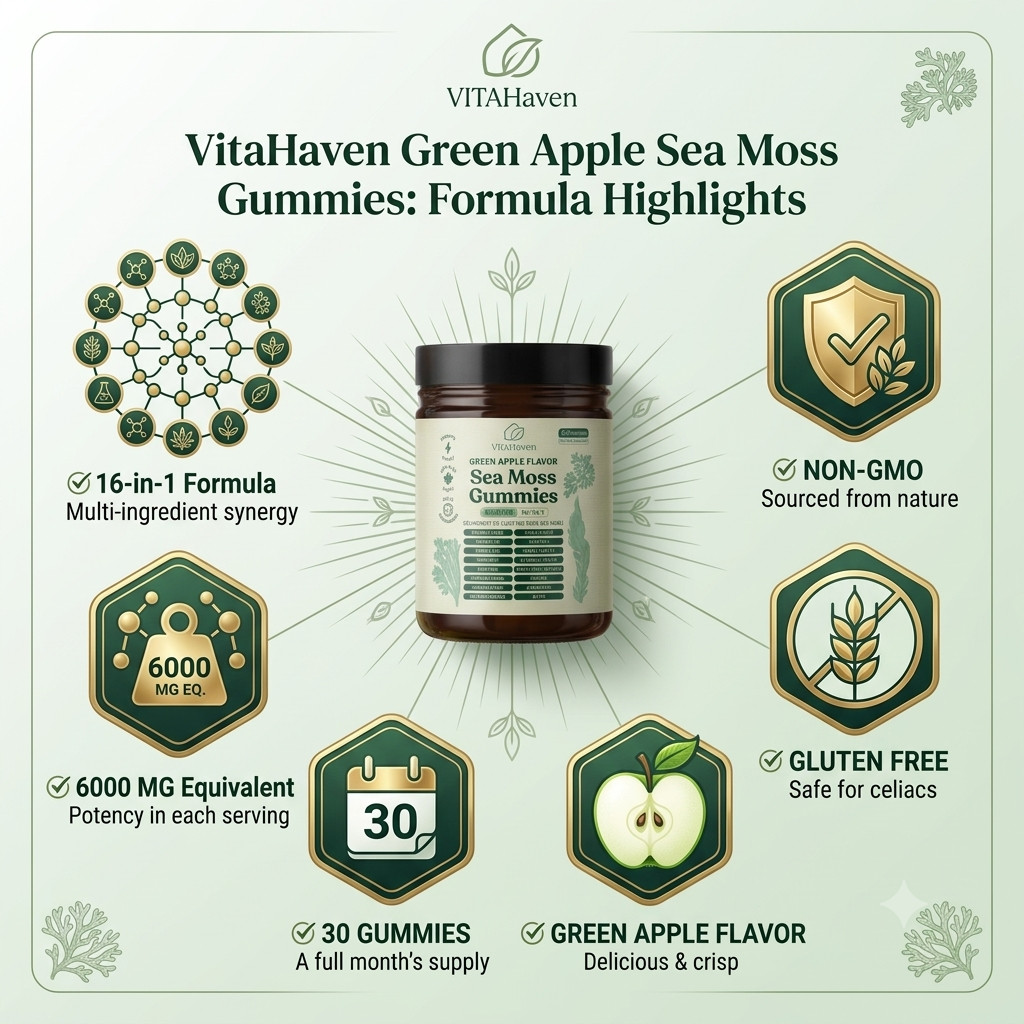 16 IN 1 Organic Sea Moss Gummy Irishmoss Extract 6000Mg | Green Apple Flavor US