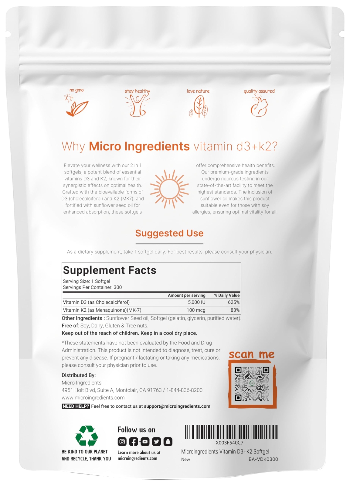 Micro Ingredients Vitamin D3 5000 IU with K2 100 K2 300 Soft-Gels | mcg MK-7 …