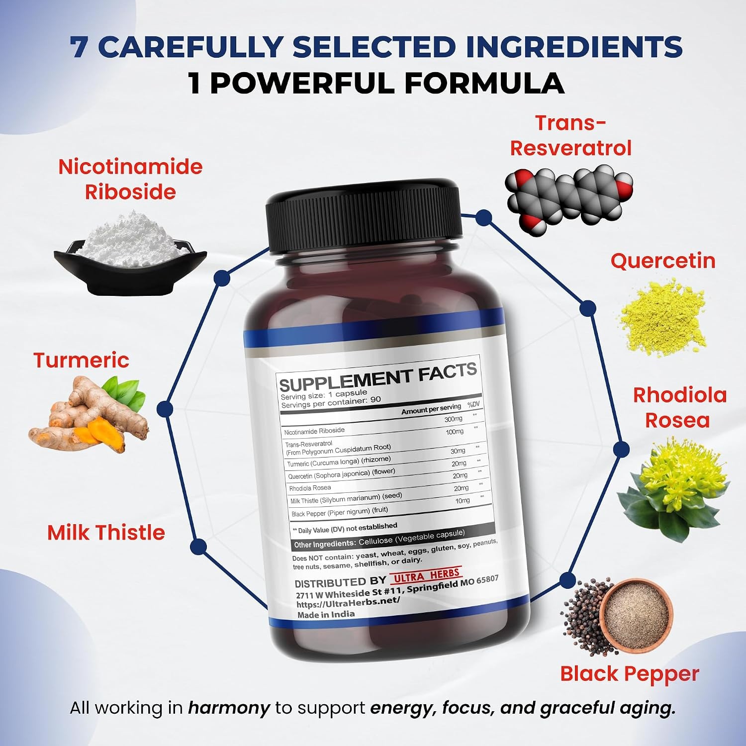 NAD+ Boosting Nicotinamide Riboside Resveratrol Tumeric Quercetin & Milk Thistle
