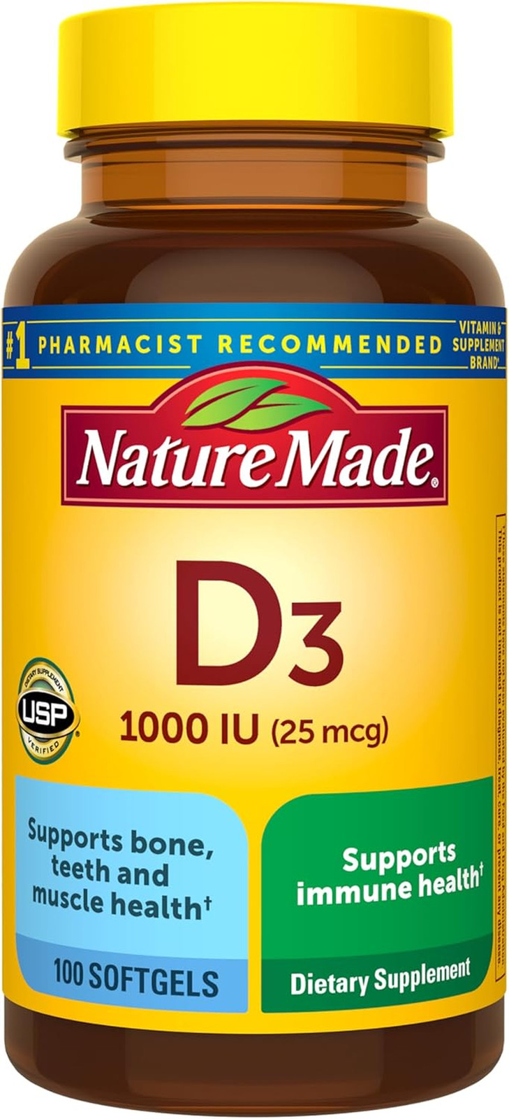 Vitamin D3 1000 IU Softgels, Bone & Immune Support, 100 Count Tablets