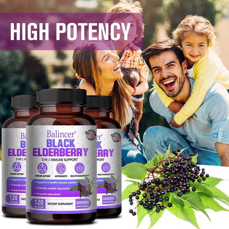 Black Elderberry 3000 mg Gluten Free,Non-GMO,Powerful Antioxidant 30/60/120 Caps
