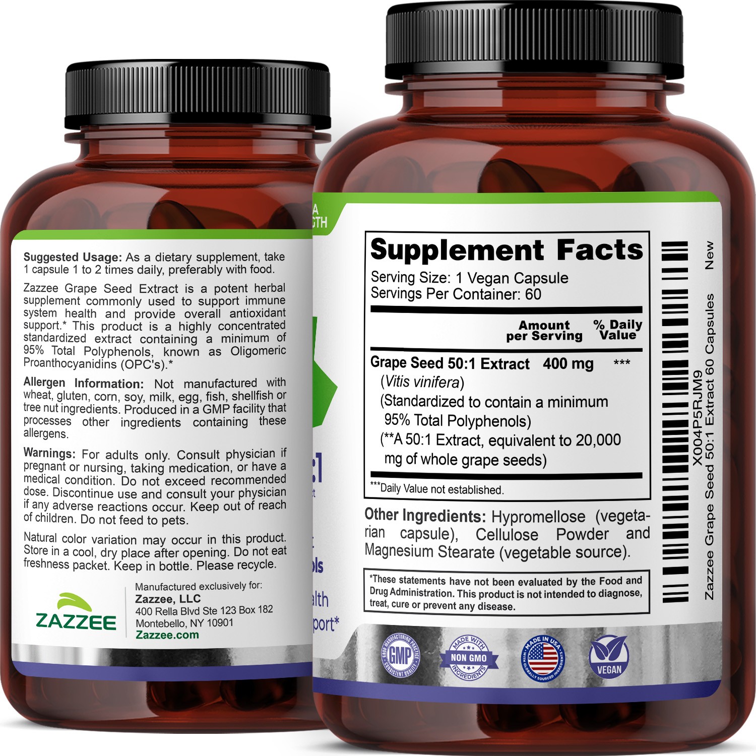 Zazzee High Strength Grape Seed 50:1 Extract, 60 Vegan Capsules, 95% Polyphenols
