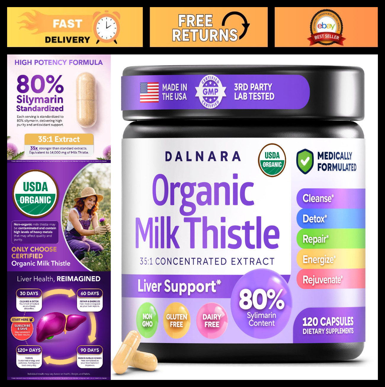 Organic Milk Thistle Extract 120ct | 80% Silymarin Flavonoids | Liver Support