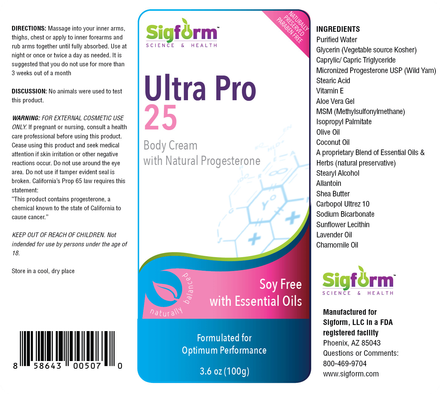 Sigform Ultra Pro 25 Body Cream w/ Natural Progesterone [Soy-Free] 3.6 oz (100g)