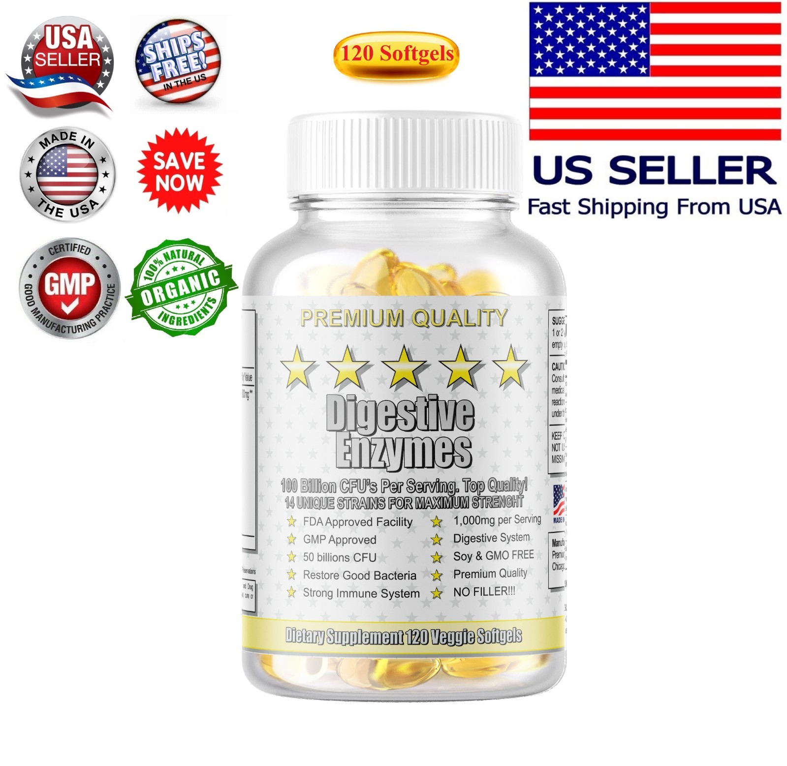 Digestive Enzymes Prebiotic & Probiotics Gas, Constipation & Bloating Relief 120
