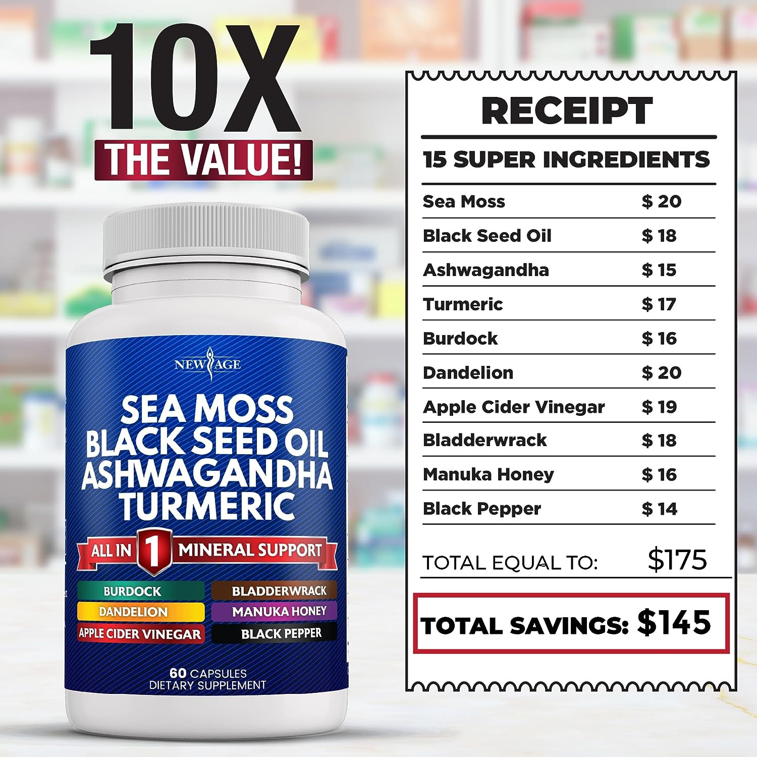 Silica Sea Moss 3000Mg Black Seed Oil 2000Mg Ashwagandha 1000Mg Turmeric 1000Mg