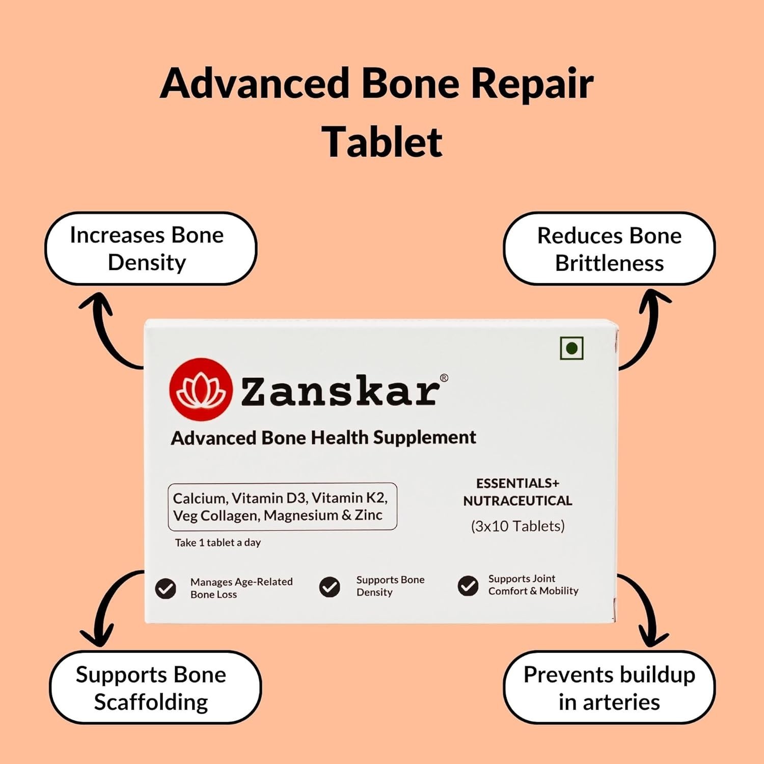 Zans.kar Bone Health Calcium D3 K2 Tablets 30 Count