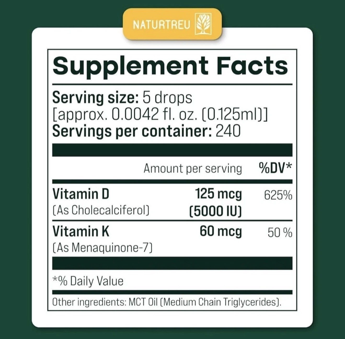 Naturtreu D3 + K2 5000 IU 1200 Drops Plus Vegan Gluten Free Dairy Free