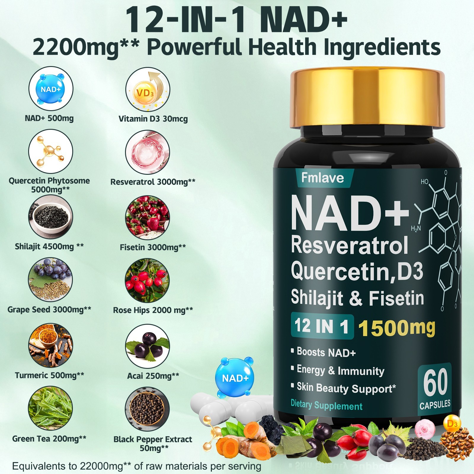 NAD+ Supplement 1500mg with Resveratrol | Cellular Health & Energy | 60 Capsules