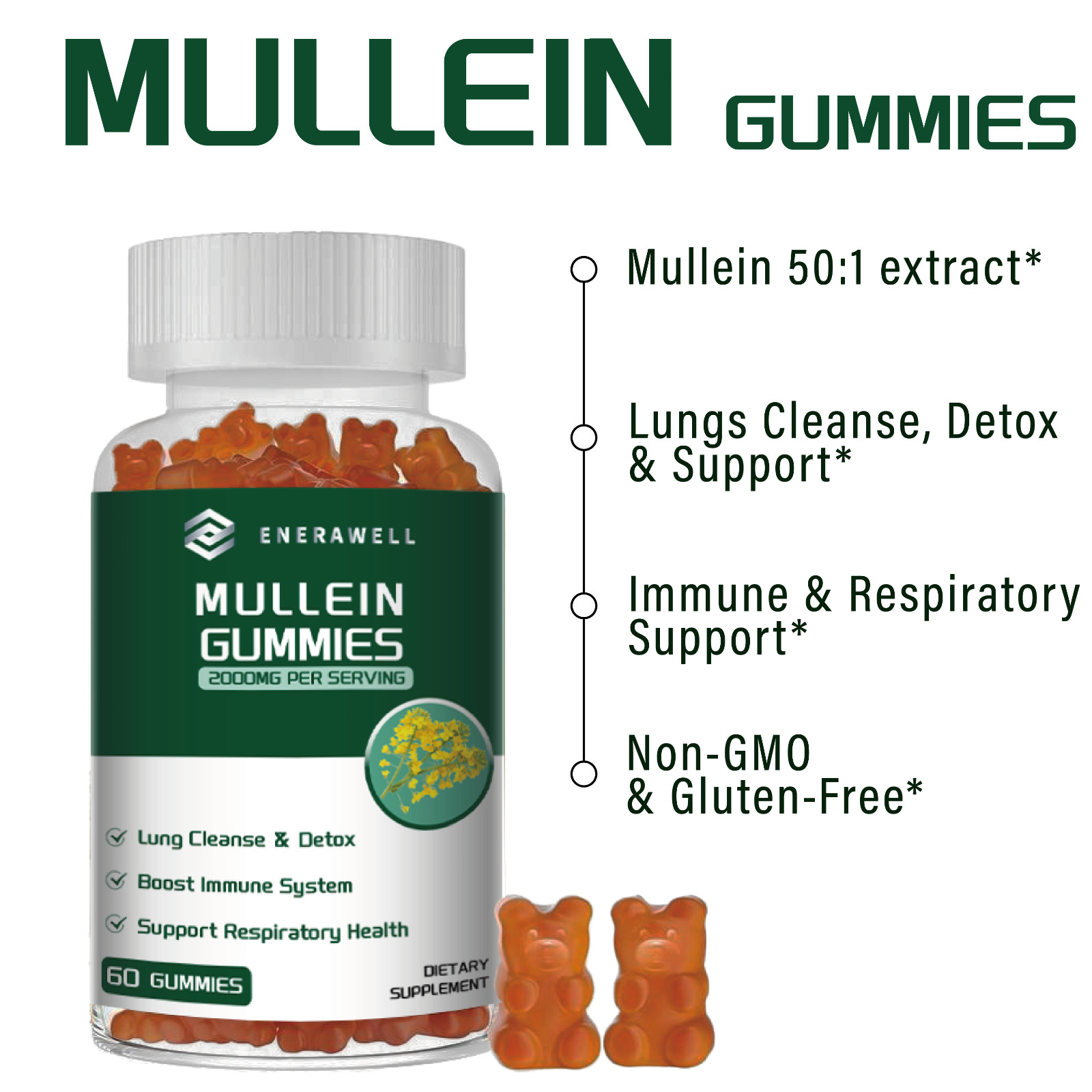 Mullein Chewable Gummies for Lung Cleanse & Detox, Respiratory Health 02/07/2027