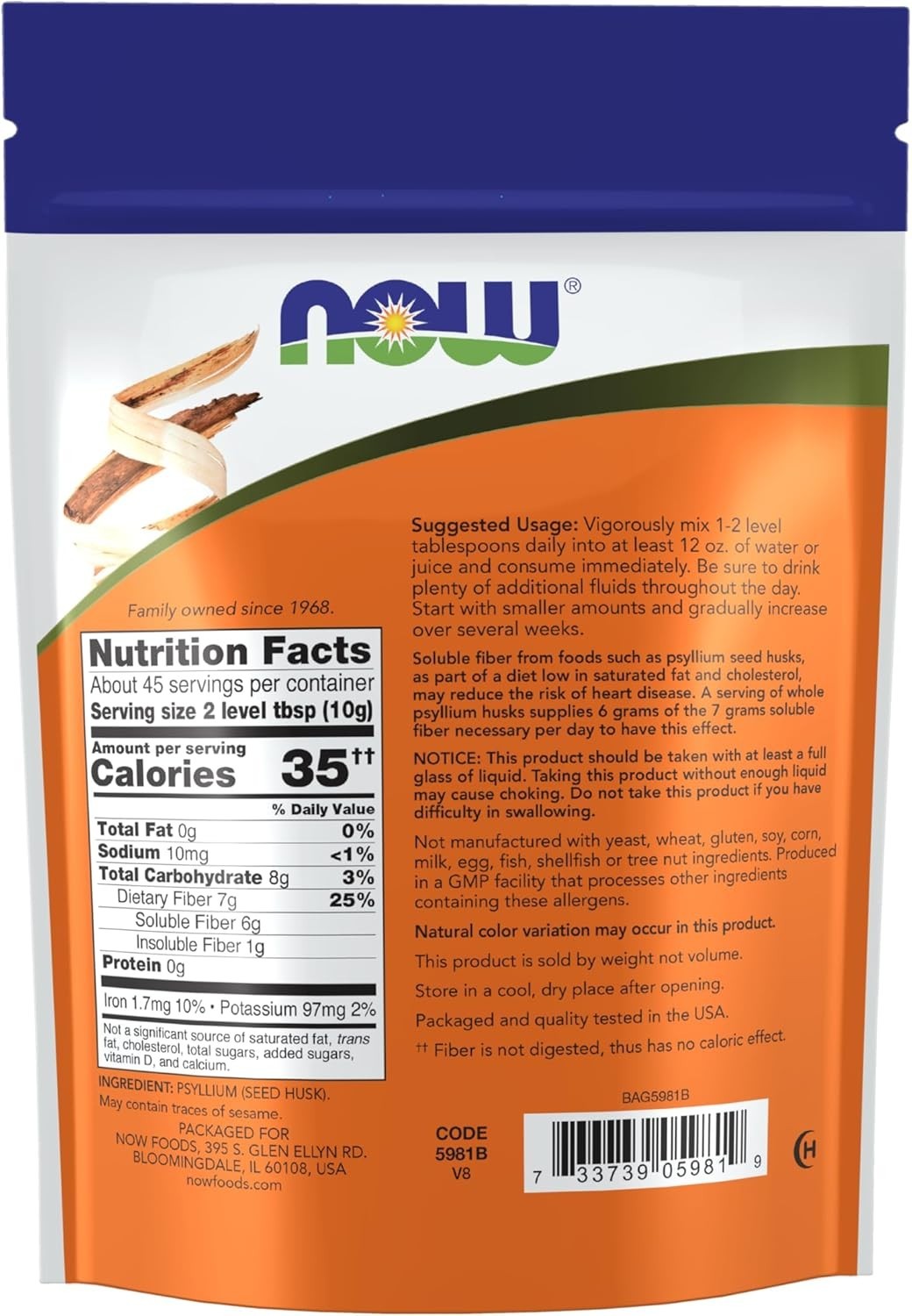 NOW Foods Psyllium Husk Powder 45 Servings Excellent Source of Soluble Fiber