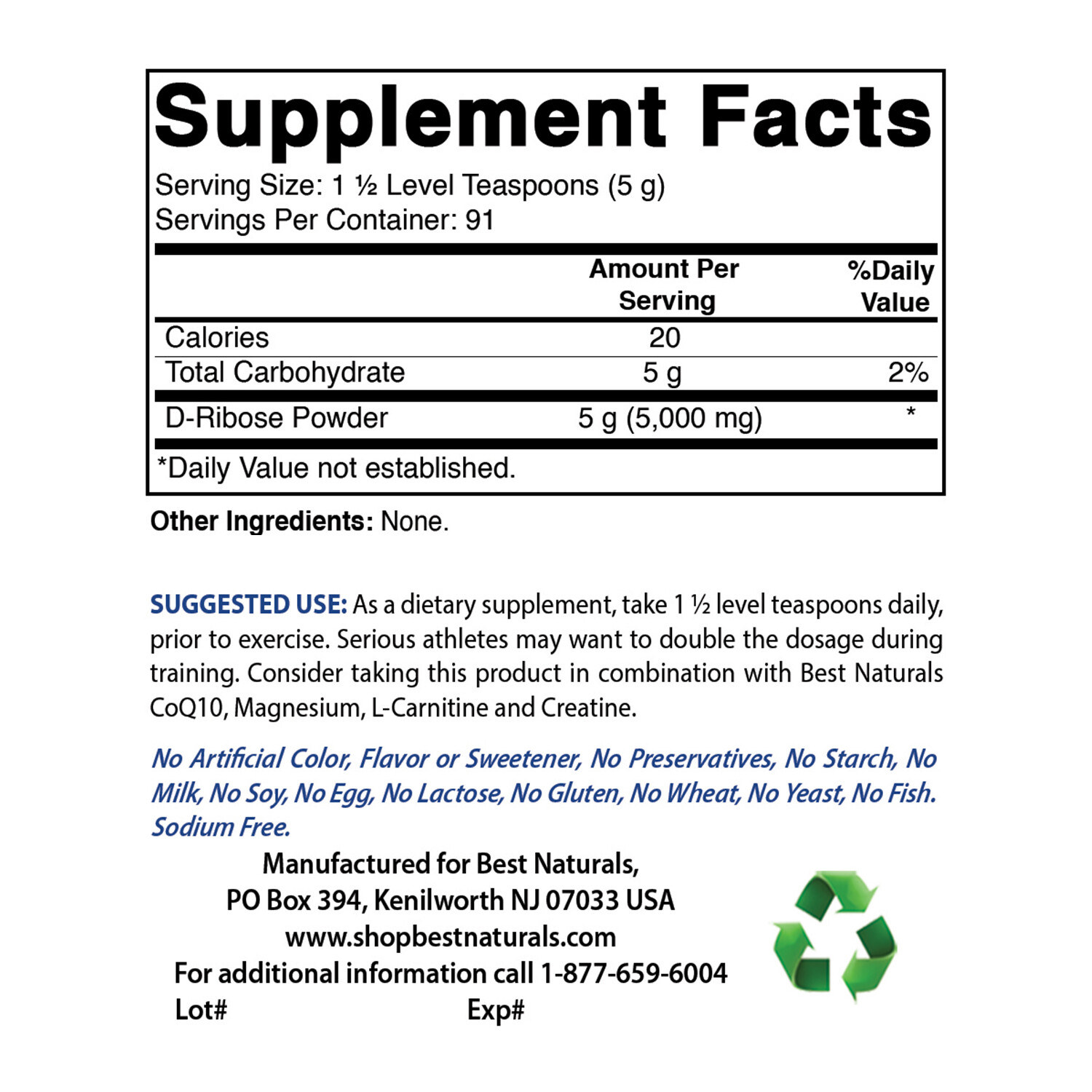 Best Naturals Pure D-Ribose Powder 1 lb – High Quality D-Ribose
