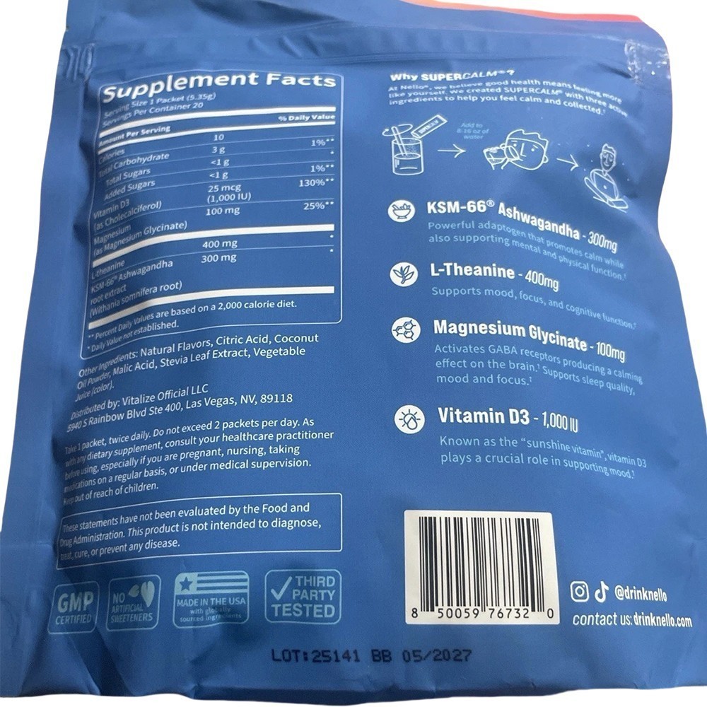 Nello SuperCalm Strawberries & Cream 20 Packets Calming Drink Mix Supplement