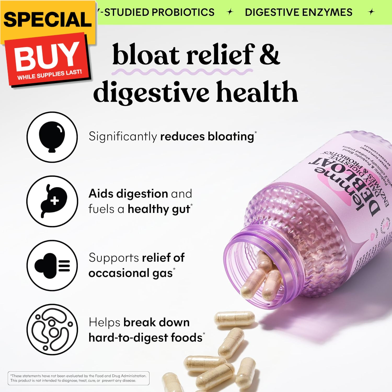 Debloat 3-in-1 Prebiotic, Probiotic & Digestive Enzyme Capsules for Bloating & G