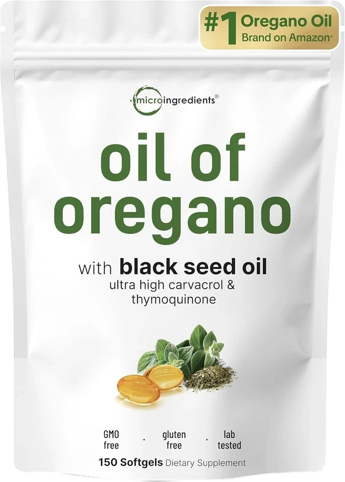 Micro Ingredients Oil of Oregano & Black Seed Oil – 150 Softgels, 2‑Pack