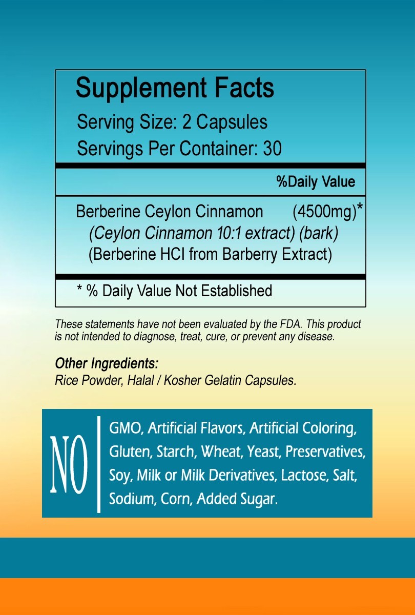Berberine HCl with Ceylon Cinnamon Capsules 2000mg serving- limited stock